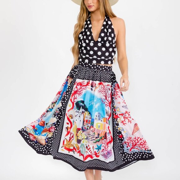 Crop Top Midi Skirt Polkadot Multi Print 2PC. Set New - Picture 3 of 12
